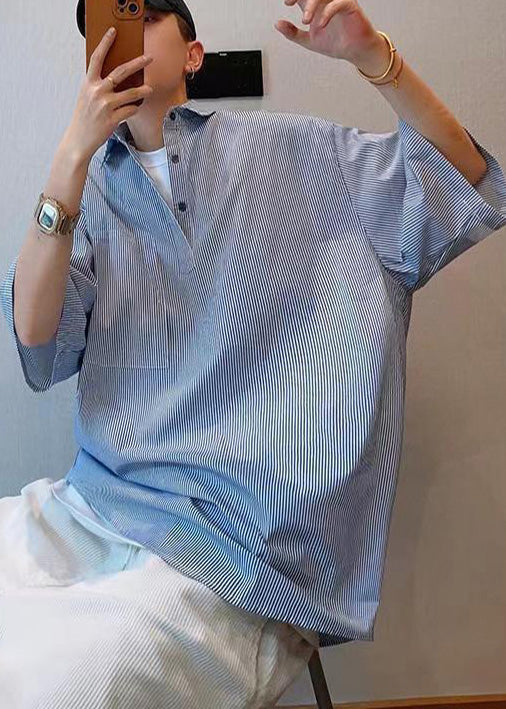 Summer Blue Oversized Tshirt Cotton Cool Striped Mens FashionChic