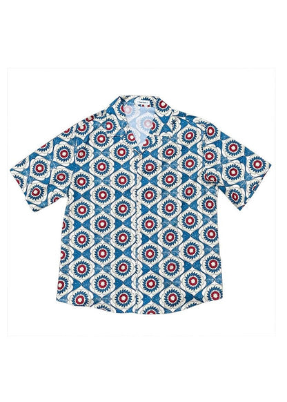 Cool Blue Peter Pan Collar Print Cotton Men's Shirts Short Sleeve HG006 Men-Silk-MENSTP240725