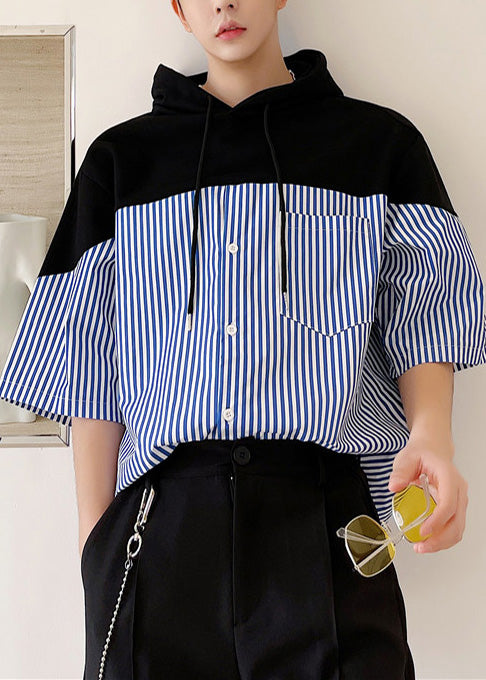 Sweatshirt Patchwork Summer Hooded Men Blue Striped Cotton Cool FashionChic