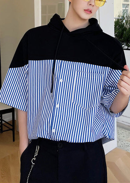 Sweatshirt Patchwork Summer Hooded Men Blue Striped Cotton Cool FashionChic