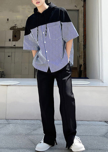 Sweatshirt Patchwork Summer Hooded Men Blue Striped Cotton Cool FashionChic