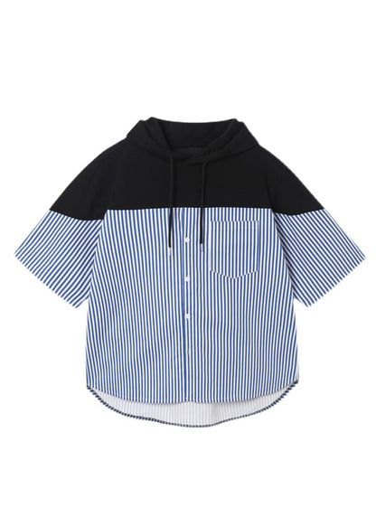 Sweatshirt Patchwork Summer Hooded Men Blue Striped Cotton Cool FashionChic