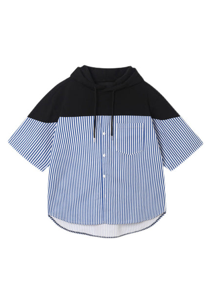 Sweatshirt Patchwork Summer Hooded Men Blue Striped Cotton Cool FashionChic
