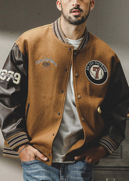 Cool Patchwork Men Woolen Parkas Brown Button TC007 Spring