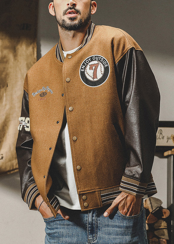 Cool Patchwork Men Woolen Parkas Brown Button TC007 Spring