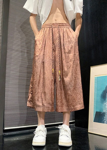 Cool Brown Chinese Button Patchwork Ice Silk Men Crop Pants Summer SA061 Men-casual-MENCP240726