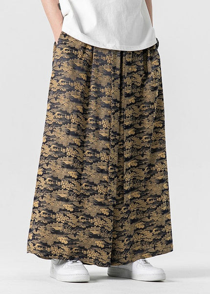 Cool Brown Pockets Print Ice Silk Mens Wide Leg Pants Summer YT044 Men-Silk-MENP240721