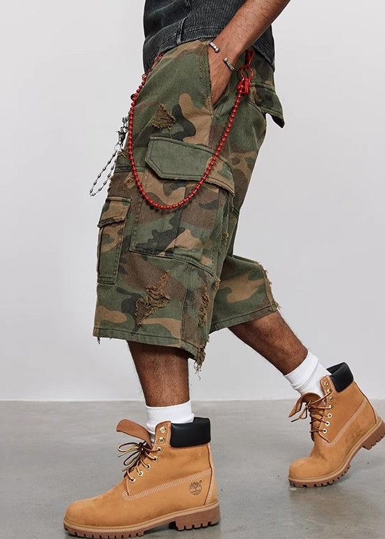 Crop Cool Cotton Pockets High Mens Waist Camouflage Pants Hole FashionChic