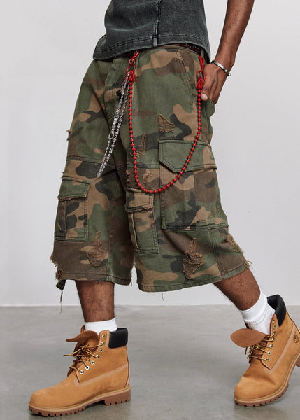 Crop Cool Cotton Pockets High Mens Waist Camouflage Pants Hole FashionChic