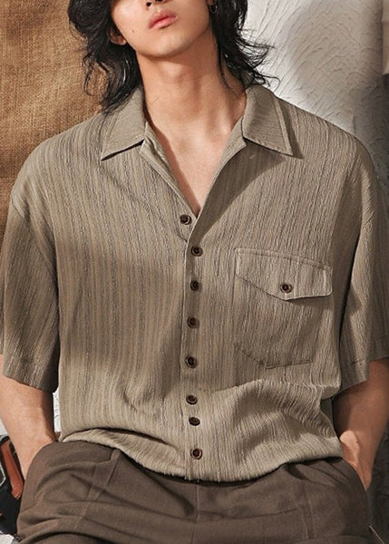 Peter Collar Coffee Men Shirt Pockets Cool Pan Button Ice Silk FashionChic