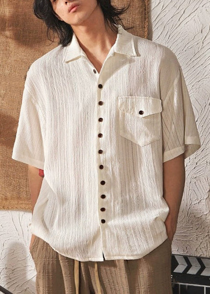 Peter Collar Coffee Men Shirt Pockets Cool Pan Button Ice Silk FashionChic