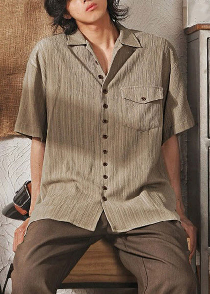 Peter Collar Coffee Men Shirt Pockets Cool Pan Button Ice Silk FashionChic