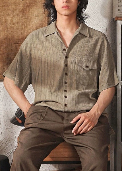 Peter Collar Coffee Men Shirt Pockets Cool Pan Button Ice Silk FashionChic
