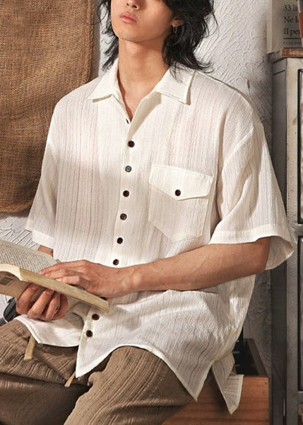 Peter Collar Coffee Men Shirt Pockets Cool Pan Button Ice Silk FashionChic