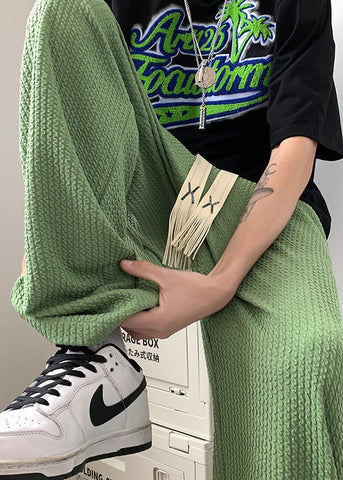 Apparel Cotton Oversized Wrinkled Cool Grass Green Pants Men FashionChic