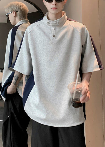 Graphic Stand Cool Summer Mens Grey Tees Collar Patchwork Cotton FashionChic