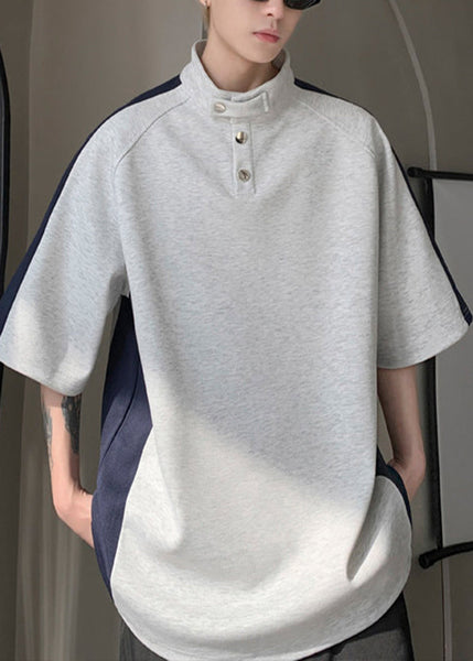 Graphic Stand Cool Summer Mens Grey Tees Collar Patchwork Cotton FashionChic