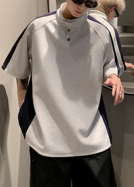 Graphic Stand Cool Summer Mens Grey Tees Collar Patchwork Cotton FashionChic
