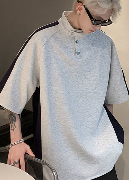 Graphic Stand Cool Summer Mens Grey Tees Collar Patchwork Cotton FashionChic
