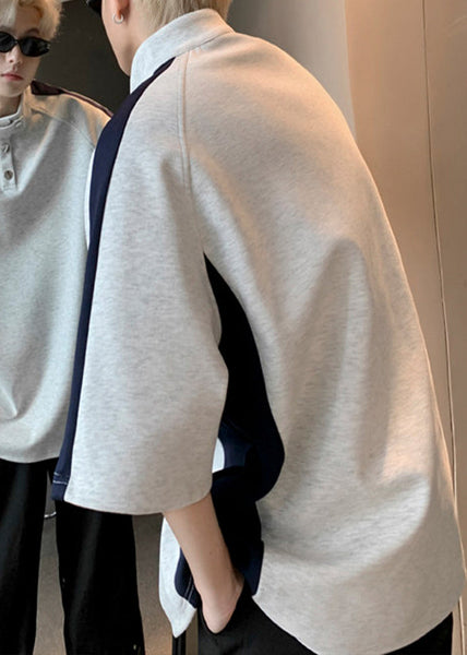 Graphic Stand Cool Summer Mens Grey Tees Collar Patchwork Cotton FashionChic