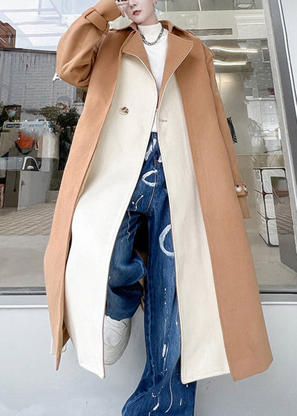 Cool Khaki Notched Tie Waist Patchwork Woolen Mens Trench Coat Winter RO046 ABC