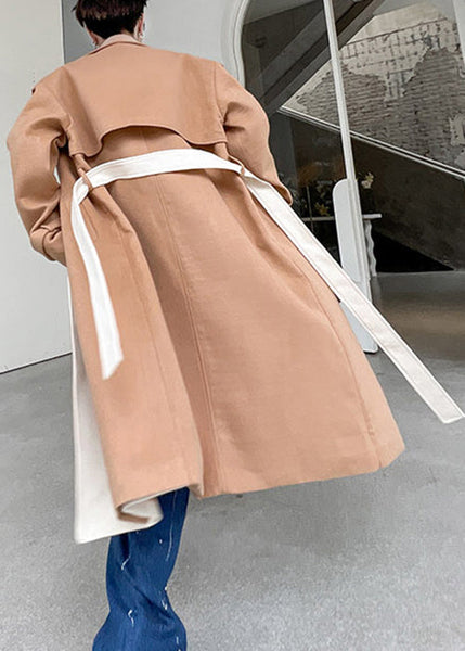 Cool Khaki Notched Tie Waist Patchwork Woolen Mens Trench Coat Winter RO046 ABC