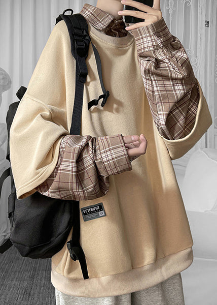 Cool Khaki Mens Collar Cotton Pan Plaid Patchwork Peter FashionChic