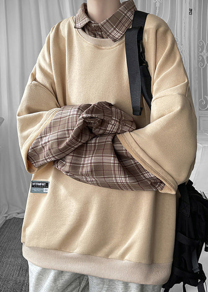 Cool Khaki Mens Collar Cotton Pan Plaid Patchwork Peter FashionChic