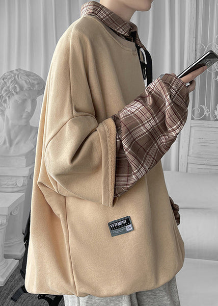 Cool Khaki Mens Collar Cotton Pan Plaid Patchwork Peter FashionChic