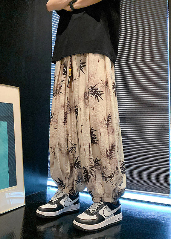 Cool Khaki Pockets Print Elastic Waist Silk Men Pants Summer YT058 Men-Silk-MENP240721