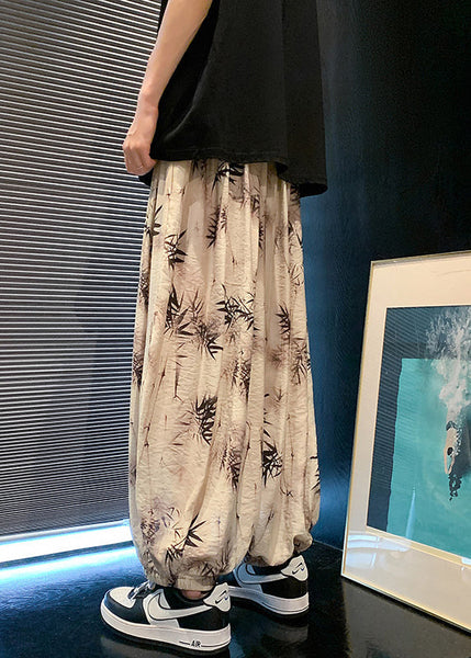 Cool Khaki Pockets Print Elastic Waist Silk Men Pants Summer YT058 Men-Silk-MENP240721