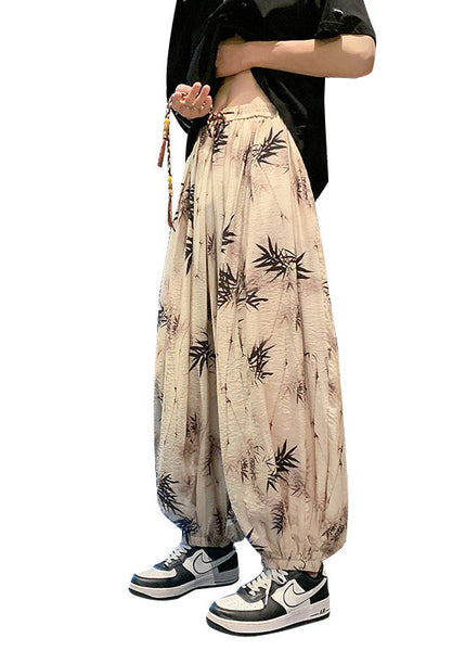 Cool Khaki Pockets Print Elastic Waist Silk Men Pants Summer YT058 Men-Silk-MENP240721