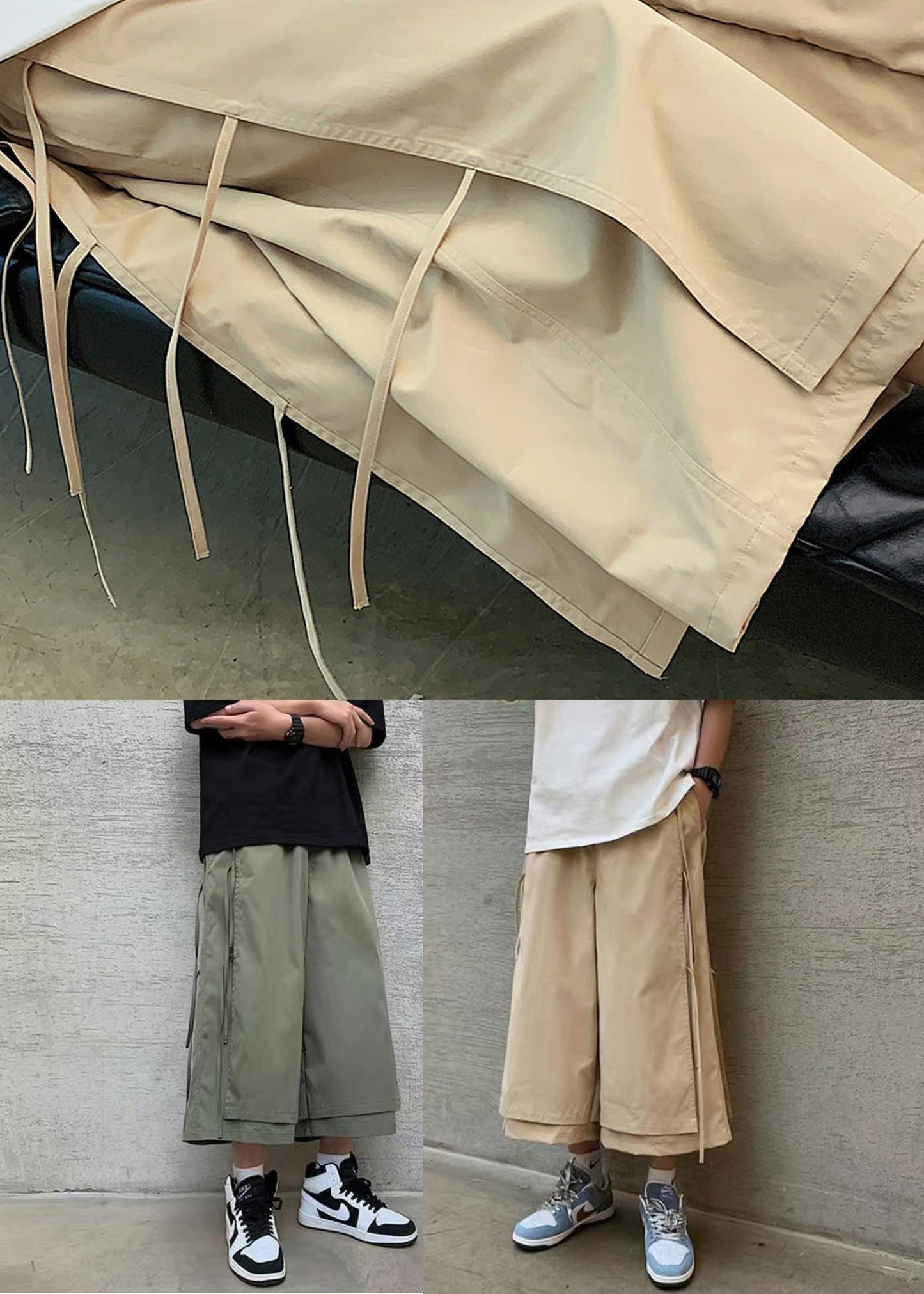 Cool Khaki Pockets Tassel Patchwork Fake Two Pieces Mens Crop Pants YT004 Men-Silk-MENCP240721