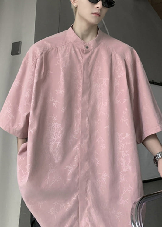 Cool Pink Button Print Ice Silk Mens Shirts Half Sleeve YT083 Men-Silk-MENSTP240721