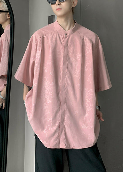 Cool Pink Button Print Ice Silk Mens Shirts Half Sleeve YT083 Men-Silk-MENSTP240721