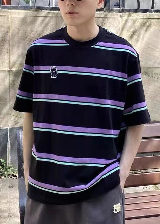 Cool Purple O Neck Striped Cotton Oversized T Shirt Men Summer QH002 MENT241019