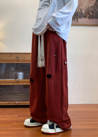Cool Ripped Red Long Men Out Pants Hollow Spring Oversized FashionChic