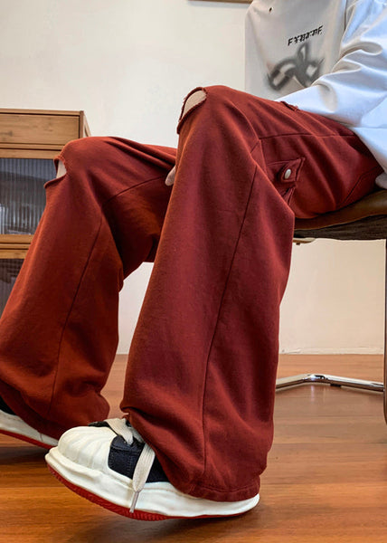 Cool Ripped Red Long Men Out Pants Hollow Spring Oversized FashionChic