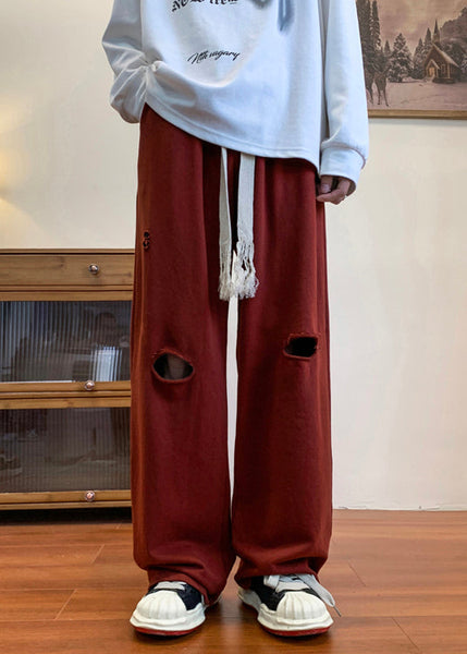 Cool Ripped Red Long Men Out Pants Hollow Spring Oversized FashionChic