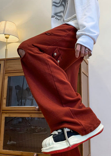 Cool Ripped Red Long Men Out Pants Hollow Spring Oversized FashionChic