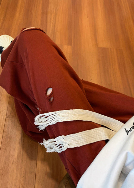 Cool Ripped Red Long Men Out Pants Hollow Spring Oversized FashionChic