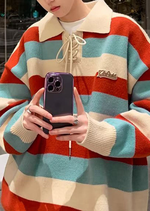 Cool Red Striped Peter Pan Collar Lace Up Knit Men Sweater Fall QH015 MENSW241019