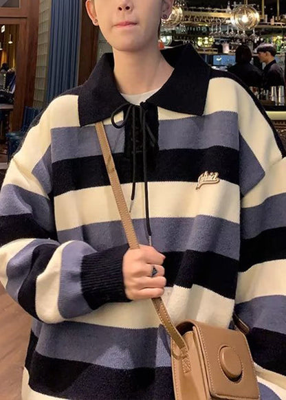 Cool Red Striped Peter Pan Collar Lace Up Knit Men Sweater Fall QH015 MENSW241019