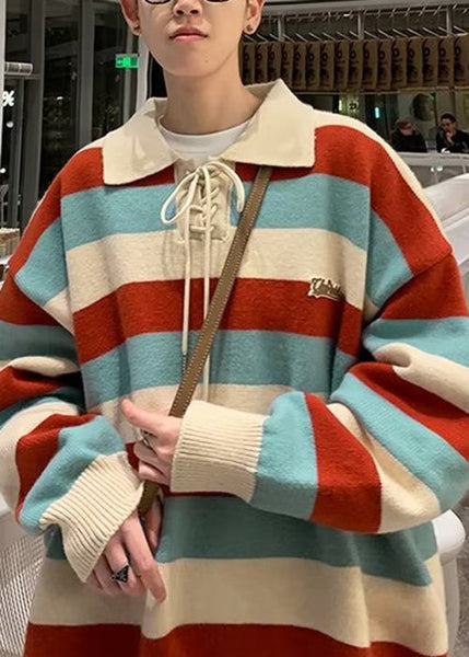Cool Red Striped Peter Pan Collar Lace Up Knit Men Sweater Fall QH015 MENSW241019