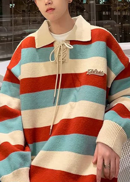 Cool Red Striped Peter Pan Collar Lace Up Knit Men Sweater Fall QH015 MENSW241019