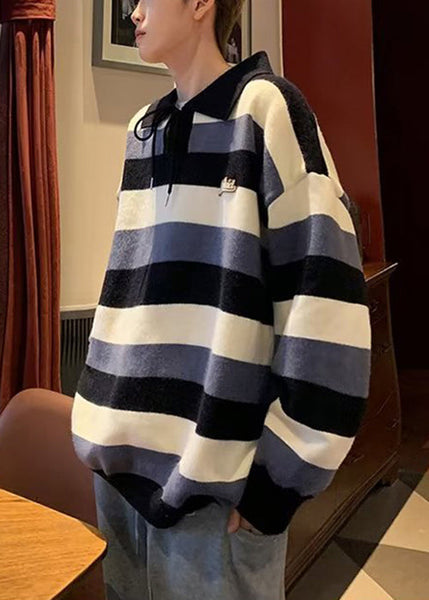 Cool Red Striped Peter Pan Collar Lace Up Knit Men Sweater Fall QH015 MENSW241019