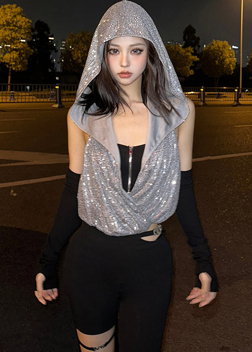 Neck Two-Piece Hooded Zipper Cool Sequin Hanging Set T-Shirt FashionChic