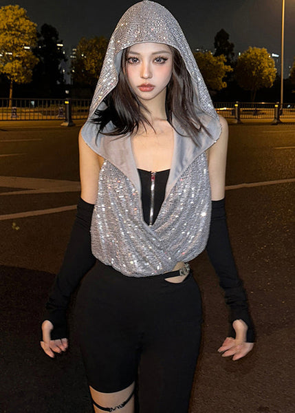 Neck Two-Piece Hooded Zipper Cool Sequin Hanging Set T-Shirt FashionChic