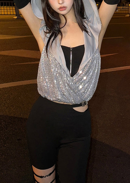 Neck Two-Piece Hooded Zipper Cool Sequin Hanging Set T-Shirt FashionChic