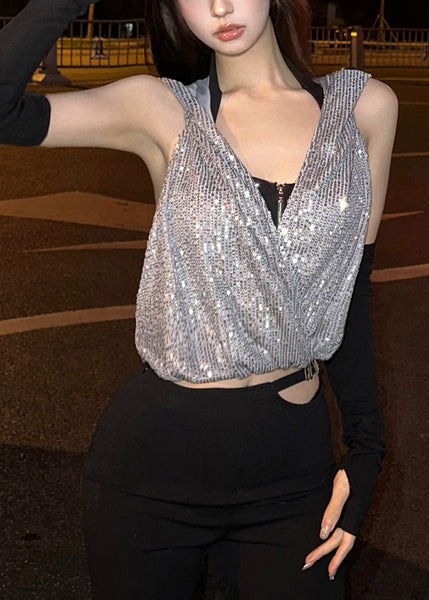 Neck Two-Piece Hooded Zipper Cool Sequin Hanging Set T-Shirt FashionChic